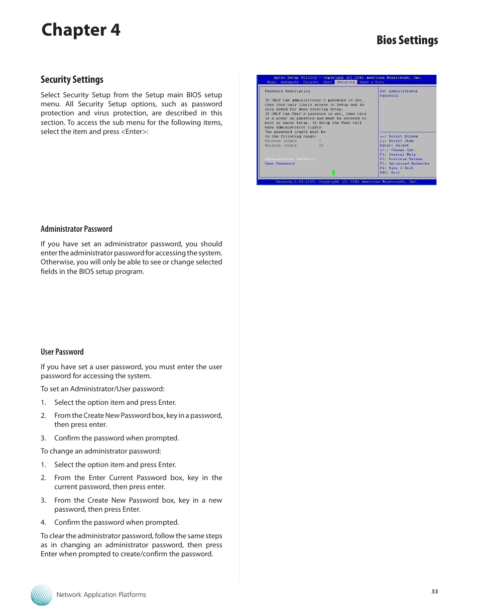 Security settings, Chapter 4, Bios settings | Lanner FW-7575 User Manual | Page 38 / 48