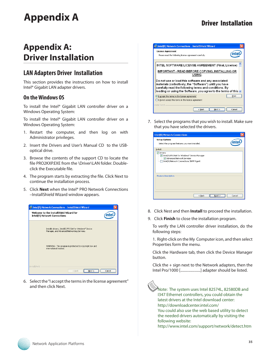 Appendix a: driver installation, Lan adapters driver installation, On the windows os | Appendix a, Driver installation | Lanner FW-7575 User Manual | Page 40 / 48