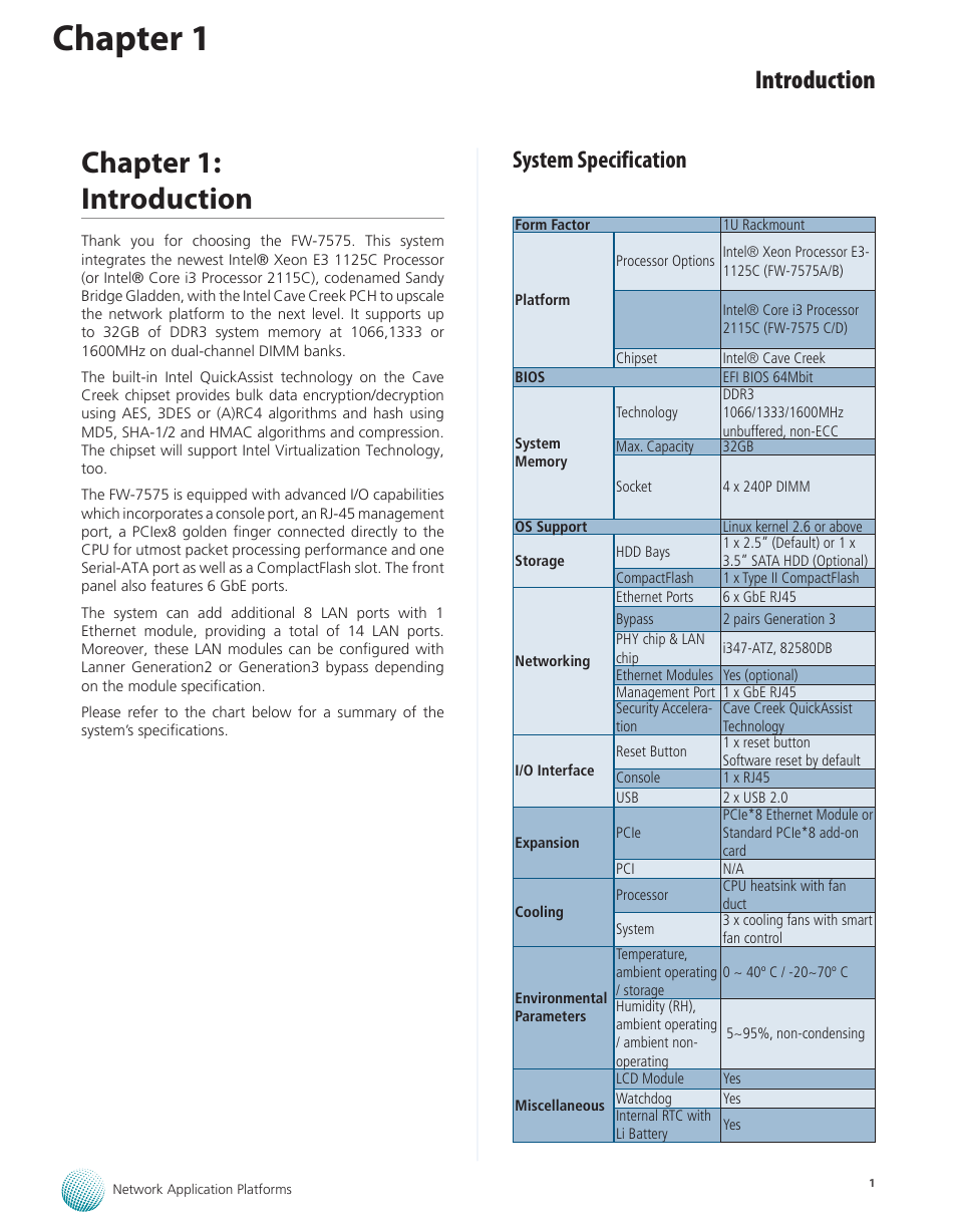 Chapter 1: introduction, System specification, Chapter 1 | Introduction | Lanner FW-7575 User Manual | Page 6 / 48