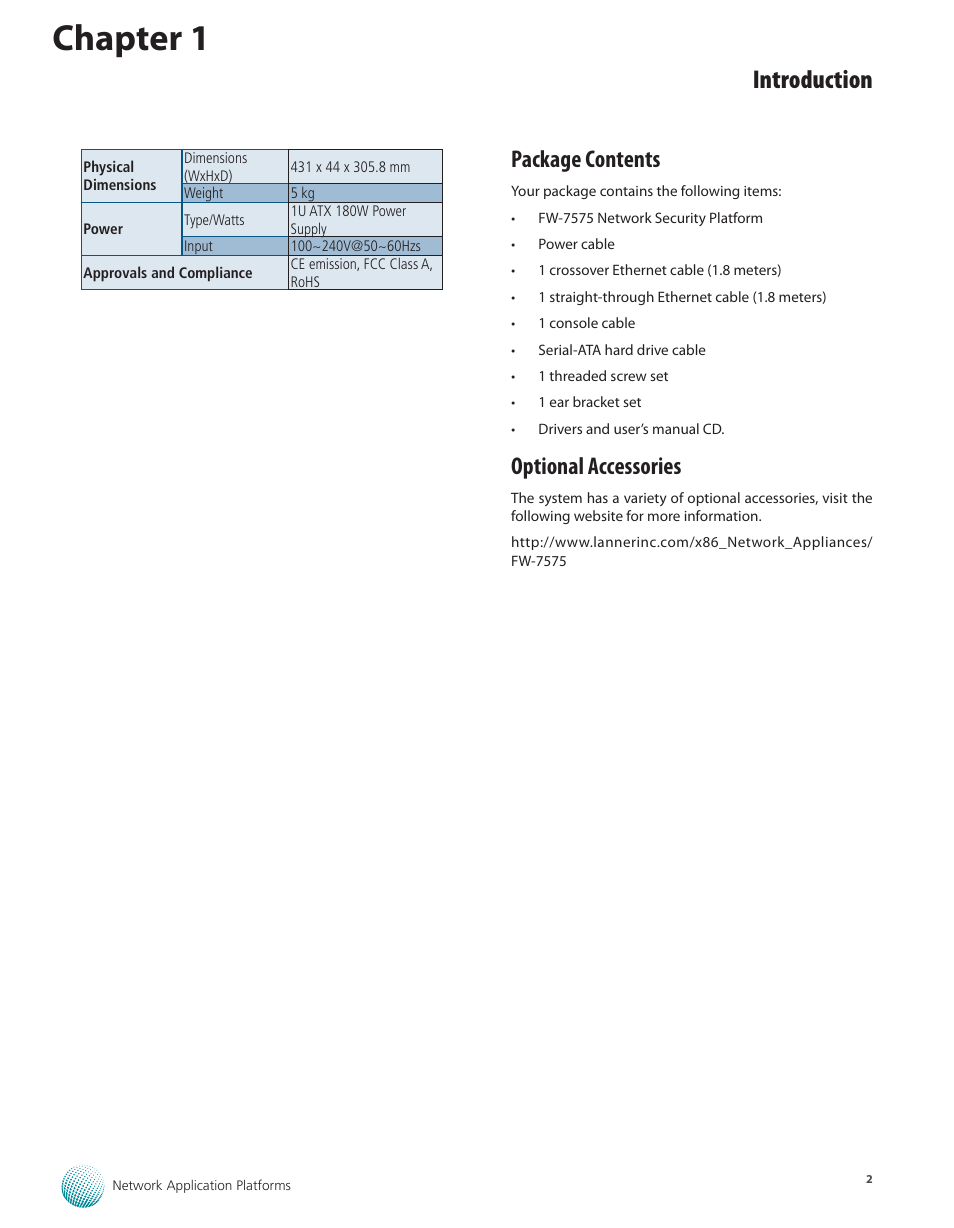 Package contents, Optional accessories, Package contents optional accessories | Chapter 1, Introduction | Lanner FW-7575 User Manual | Page 7 / 48
