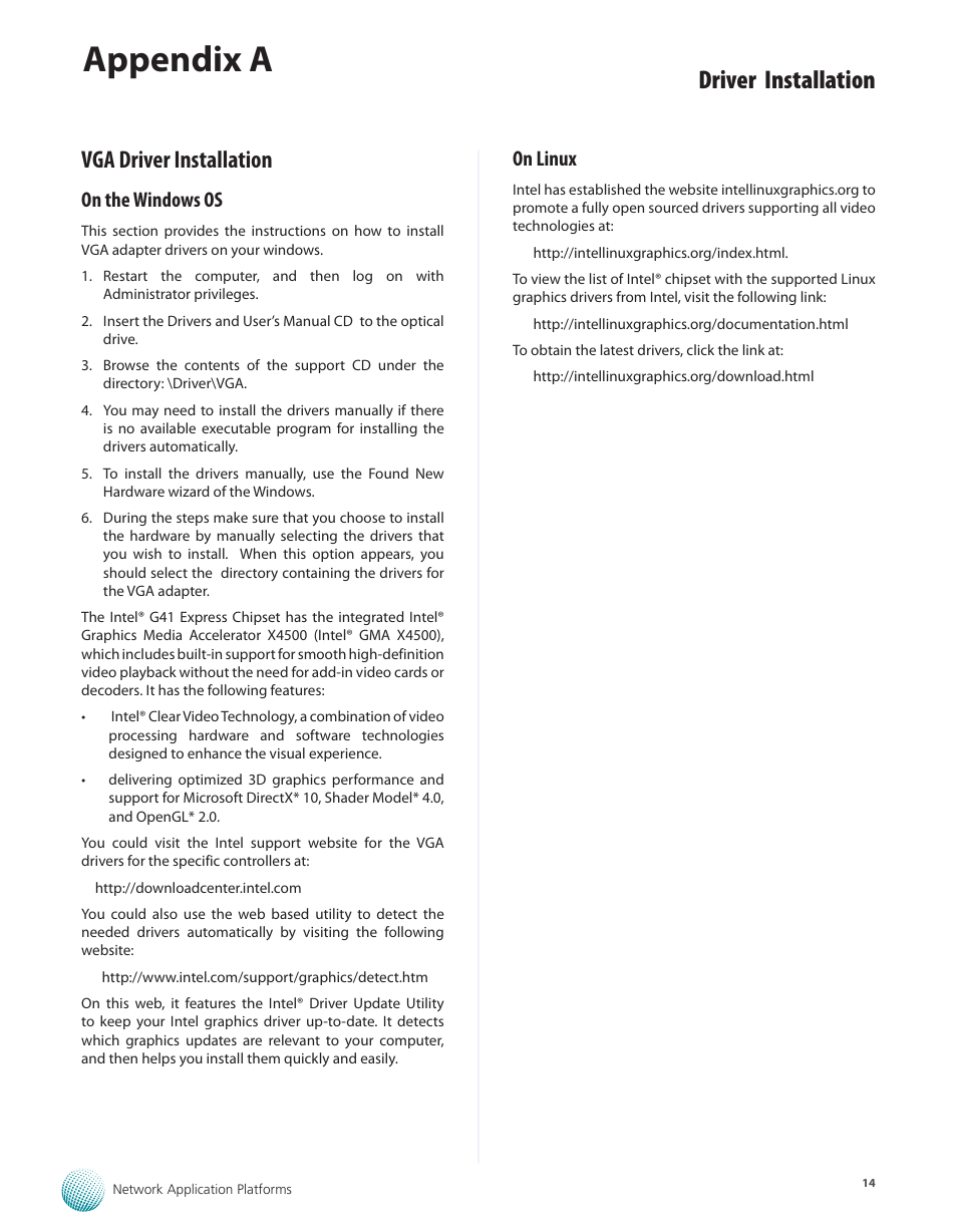 Vga driver installation, On the windows os, On linux | On the windows os on linux, Appendix a, Driver installation | Lanner FW-7581 User Manual | Page 17 / 23