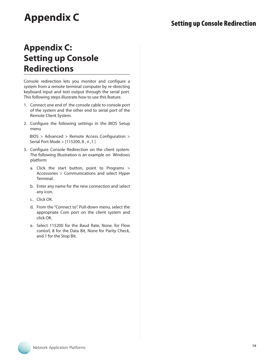 Appendix c: setting up console redirections, Appendix c, Setting up console redirection | Lanner FW-7581 User Manual | Page 19 / 23