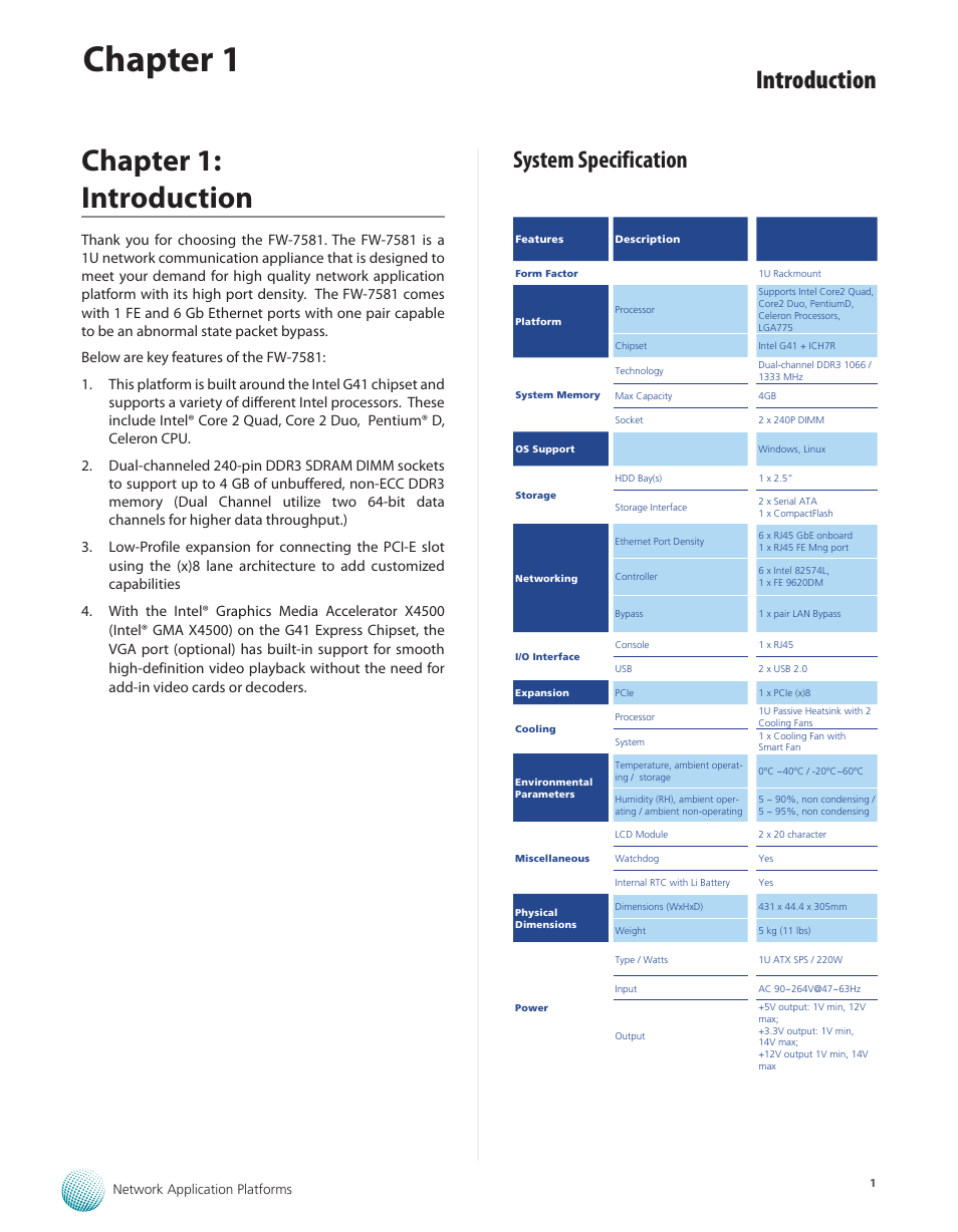 Chapter 1: introduction, System specification, Chapter 1 | Introduction | Lanner FW-7581 User Manual | Page 4 / 23