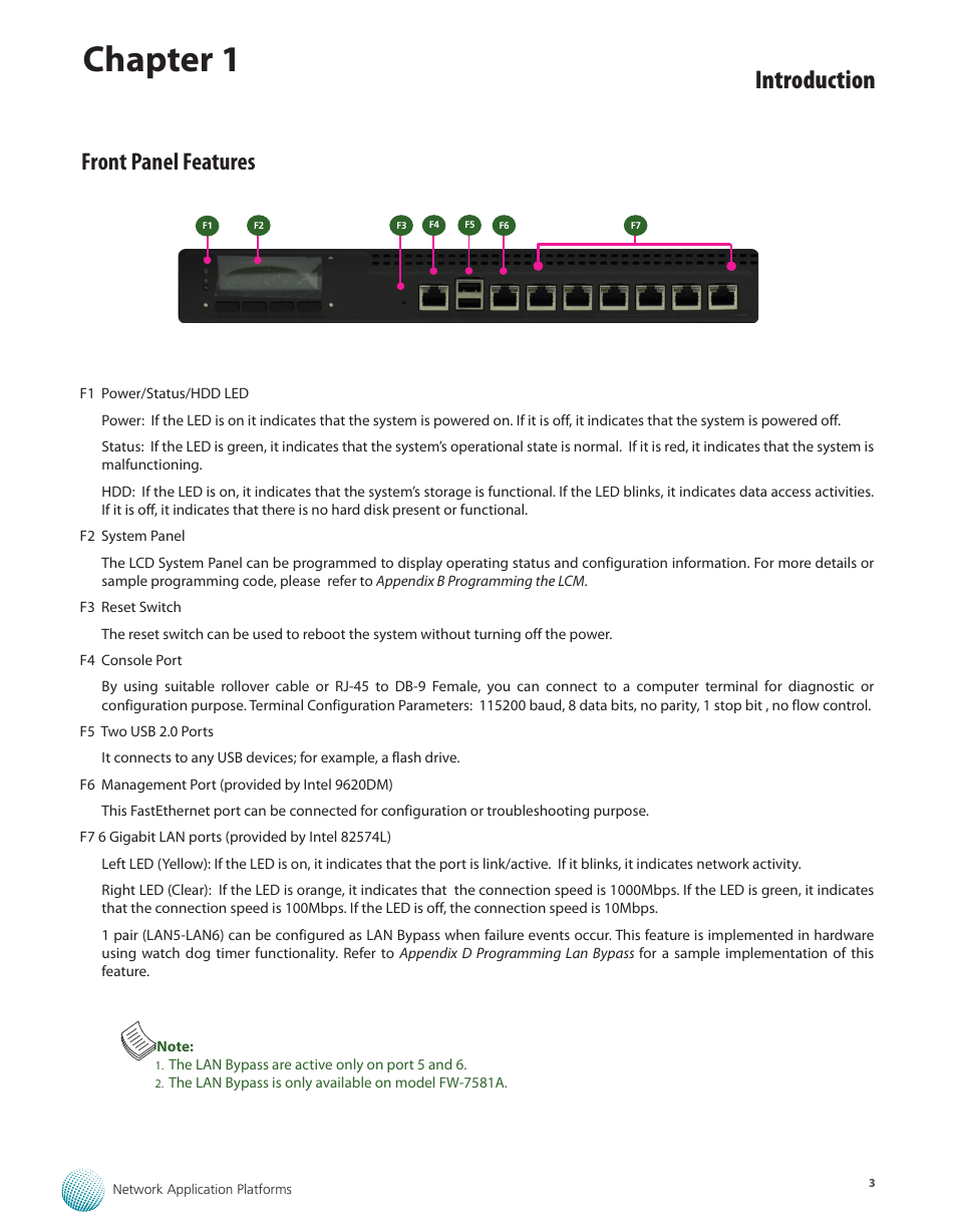 Front panel features, Chapter 1, Introduction | Lanner FW-7581 User Manual | Page 6 / 23