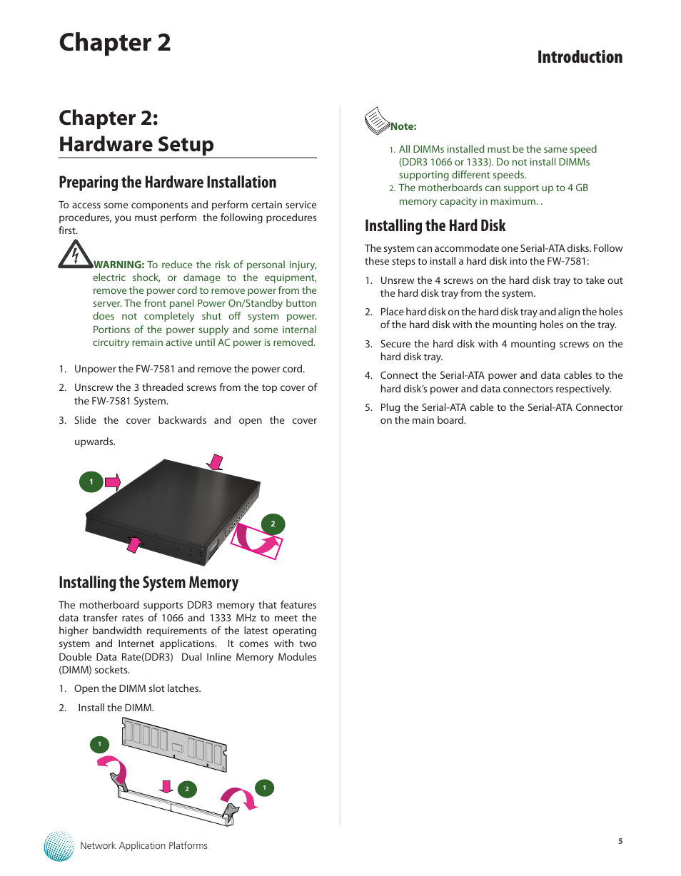 Chapter 2: hardware setup, Preparing the hardware installation, Installing the system memory | Installing the hard disk, Chapter 2, Introduction | Lanner FW-7581 User Manual | Page 8 / 23