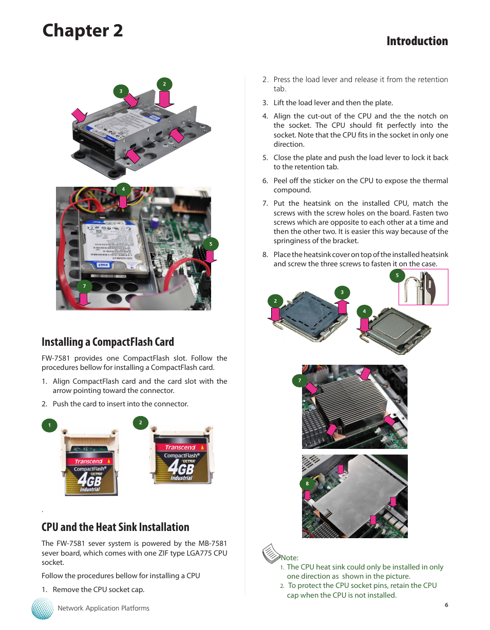 Installing a compactflash card, Cpu and the heat sink installation, Chapter 2 | Introduction | Lanner FW-7581 User Manual | Page 9 / 23