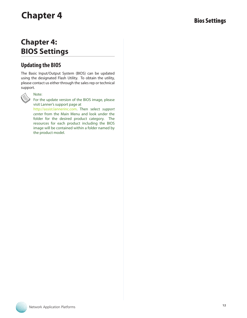 Chapter 4: bios settings, Updating the bios, Chapter 4 | Bios settings | Lanner FW-7610 User Manual | Page 15 / 44