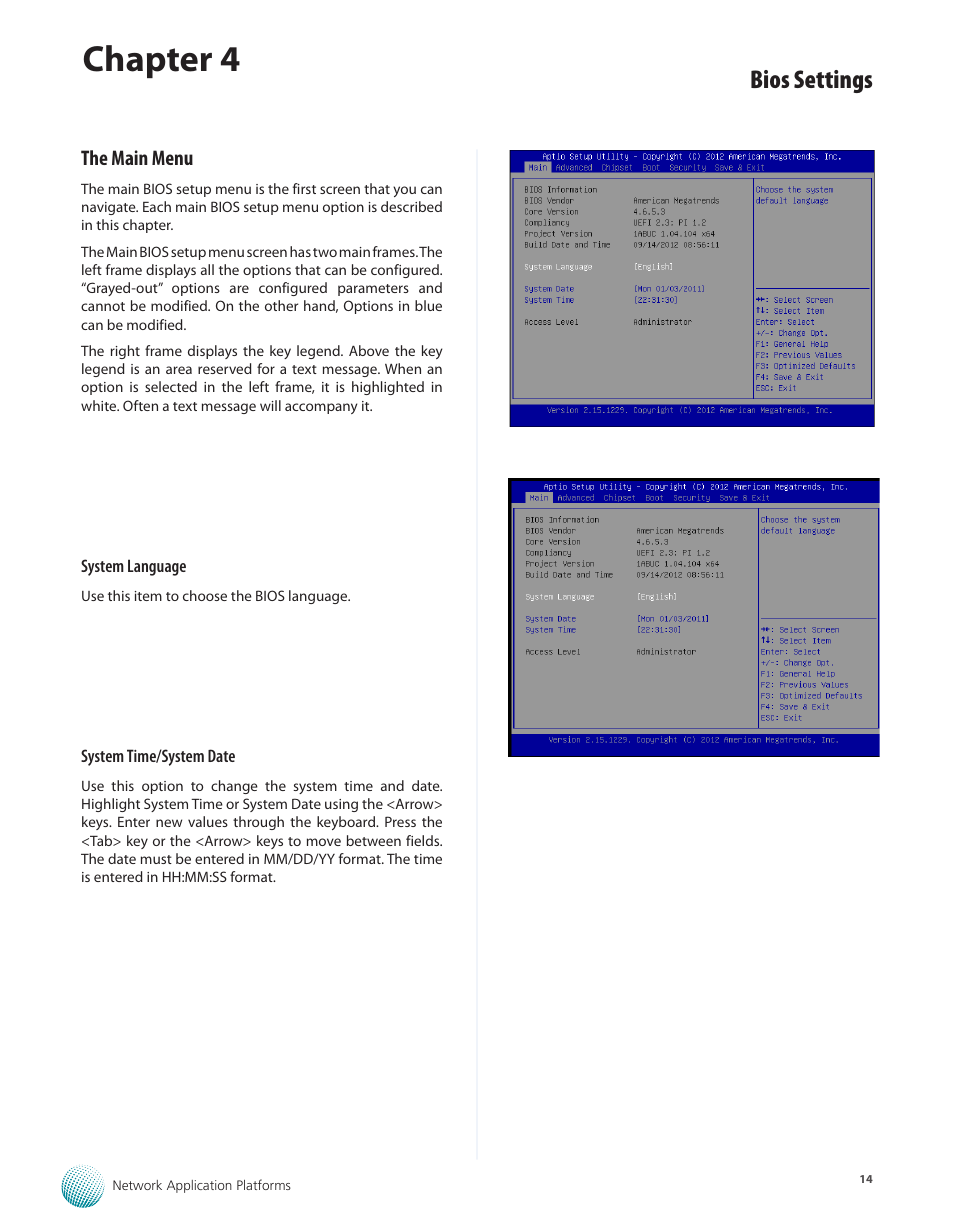The main menu, Chapter 4, Bios settings | Lanner FW-7610 User Manual | Page 17 / 44