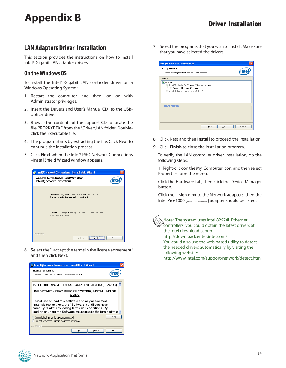 Lan adapters driver installation, On the windows os, Appendix b | Driver installation | Lanner FW-7610 User Manual | Page 37 / 44