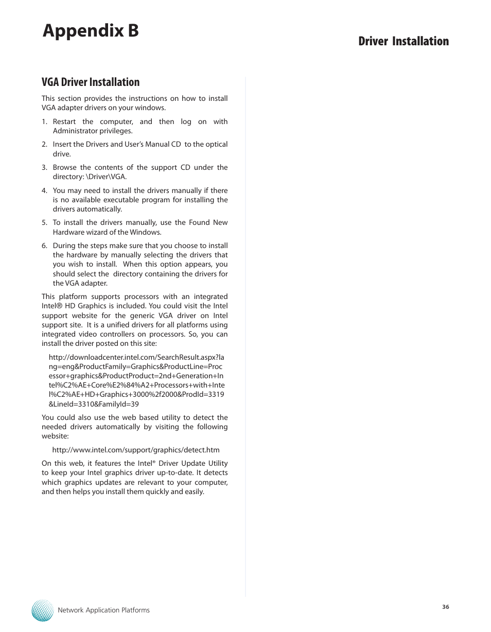 Vga driver installation, Appendix b, Driver installation | Lanner FW-7610 User Manual | Page 39 / 44