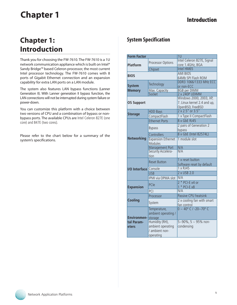 Chapter 1: introduction, System specification, Chapter 1 | Introduction | Lanner FW-7610 User Manual | Page 4 / 44