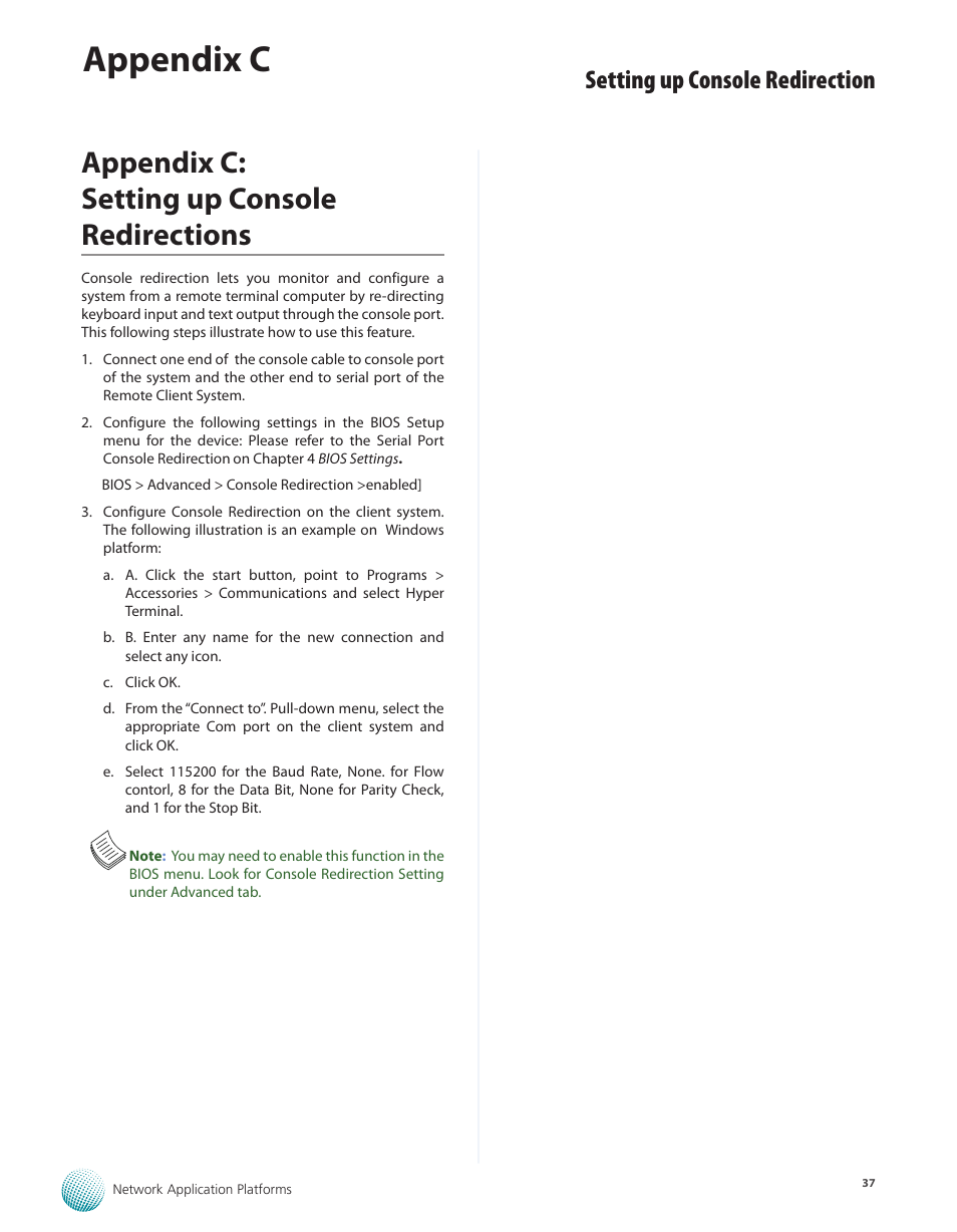 Appendix c: setting up console redirections, Appendix c, Setting up console redirection | Lanner FW-7610 User Manual | Page 40 / 44