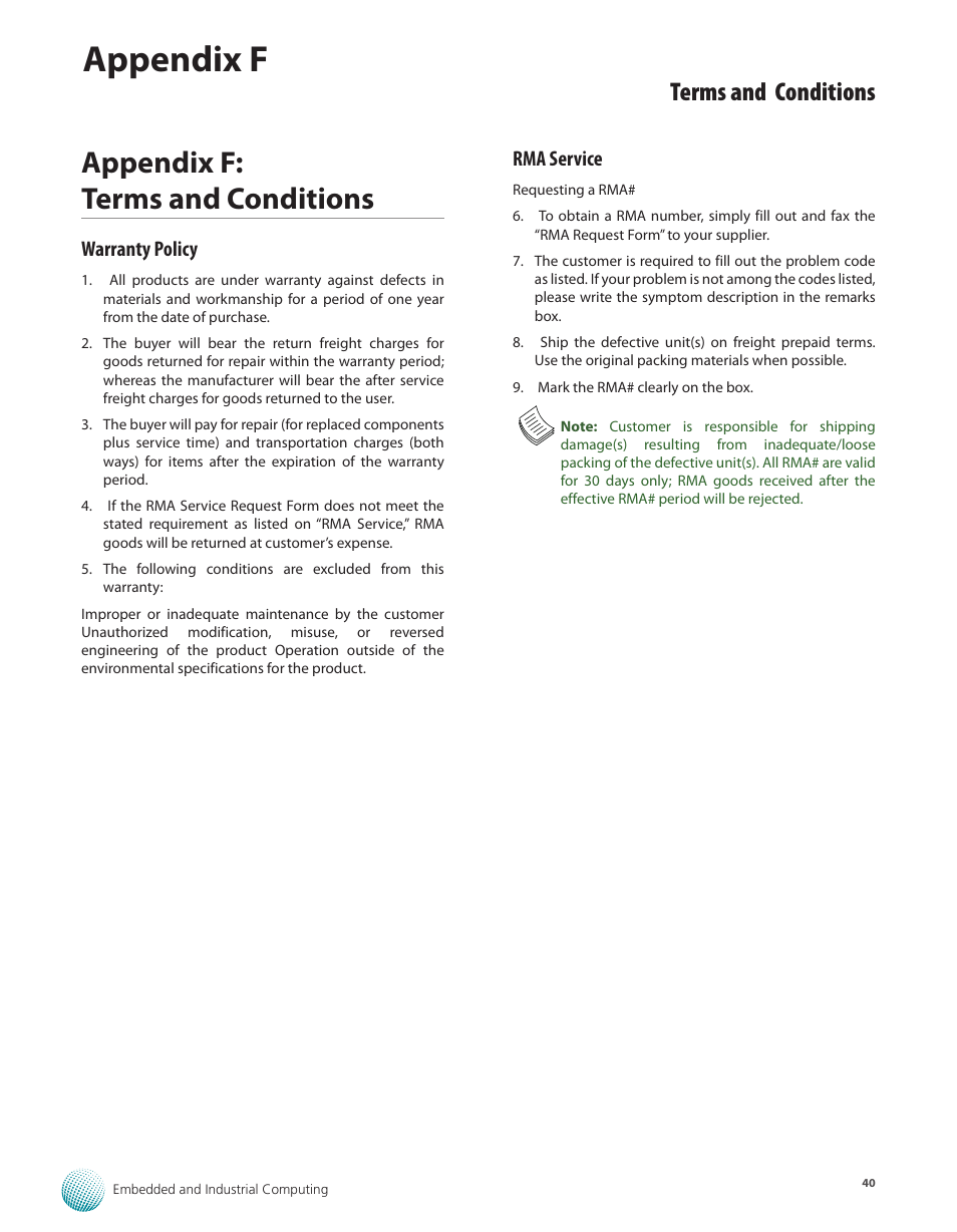 Appendix f: terms and conditions, Warranty policy, Rma service | Warranty policy rma service, Appendix f, Terms and conditions | Lanner FW-7610 User Manual | Page 43 / 44