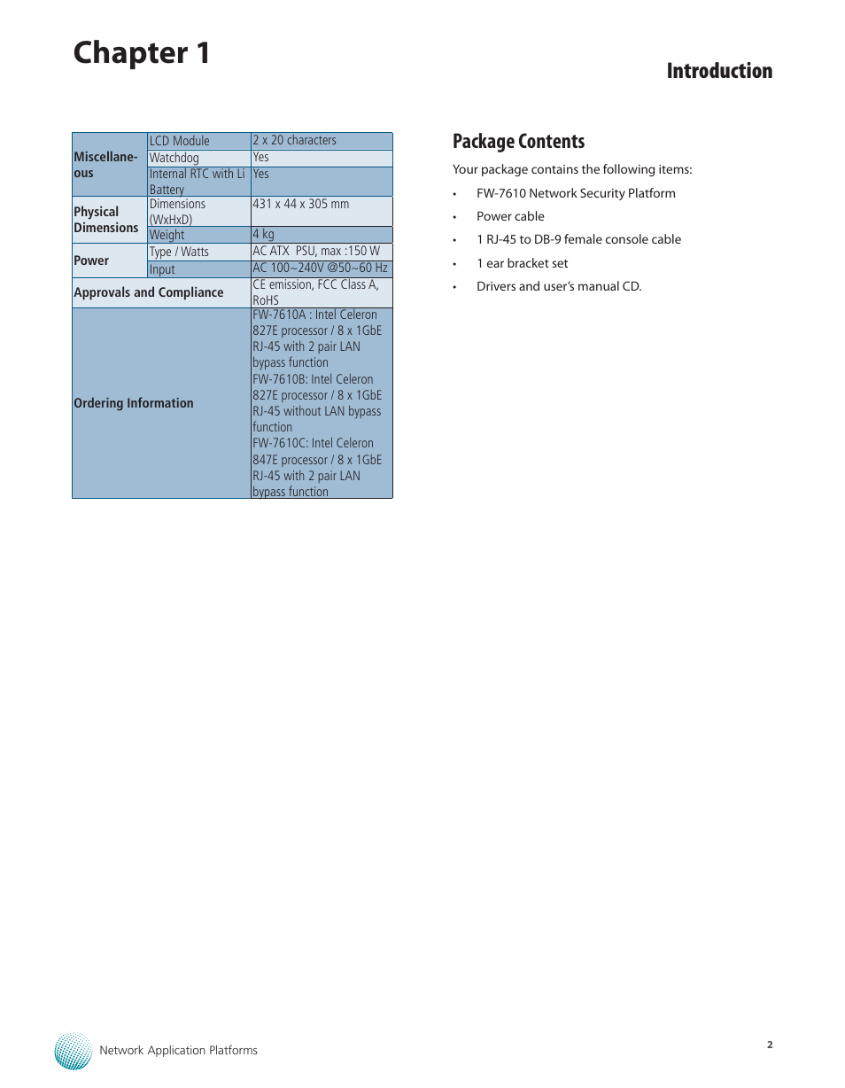 Package contents, Chapter 1, Introduction | Lanner FW-7610 User Manual | Page 5 / 44