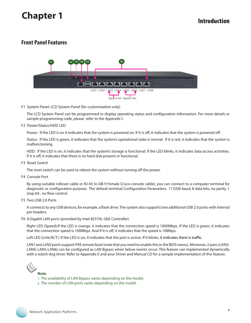Front panel features, Chapter 1, Introduction | Lanner FW-7610 User Manual | Page 6 / 44