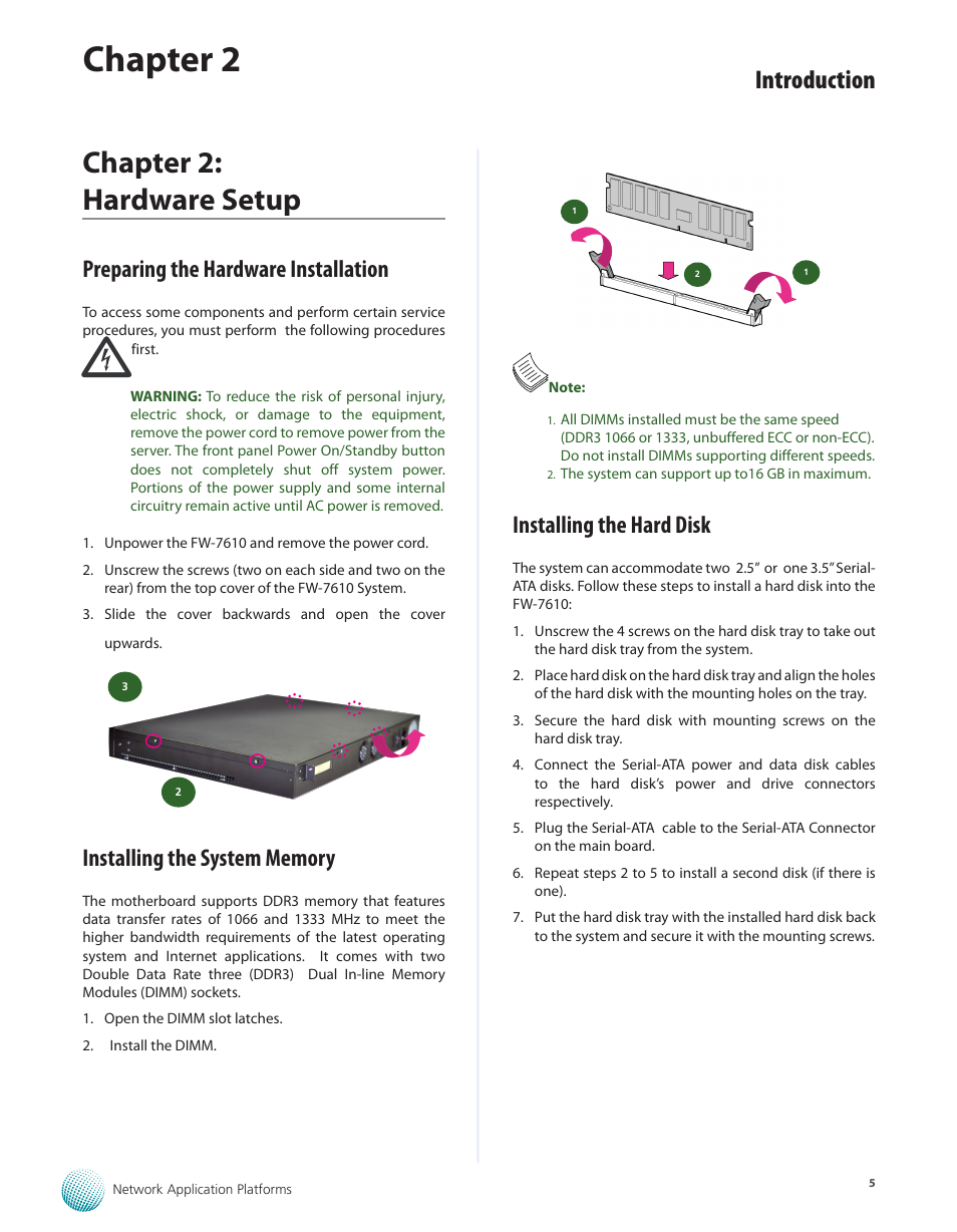 Chapter 2: hardware setup, Preparing the hardware installation, Installing the system memory | Installing the hard disk, Chapter 2, Introduction | Lanner FW-7610 User Manual | Page 8 / 44