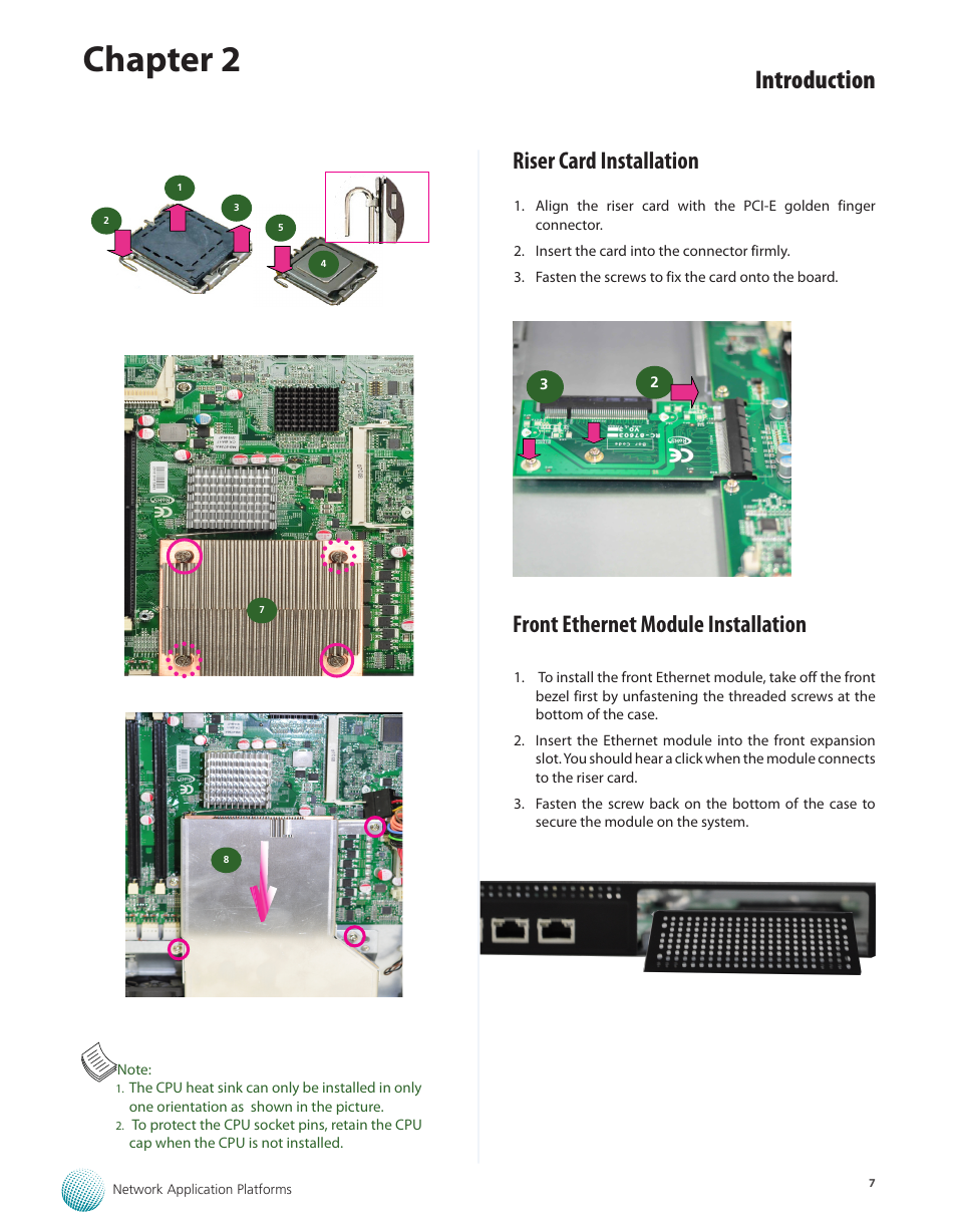 Riser card installation, Front ethernet module installation, Chapter 2 | Introduction | Lanner FW-8756 User Manual | Page 10 / 24