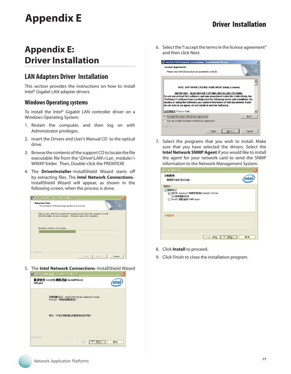 Appendix e: driver installation, Lan adapters driver installation, Windows operating systems | Appendix e, Driver installation | Lanner FW-8756 User Manual | Page 20 / 24