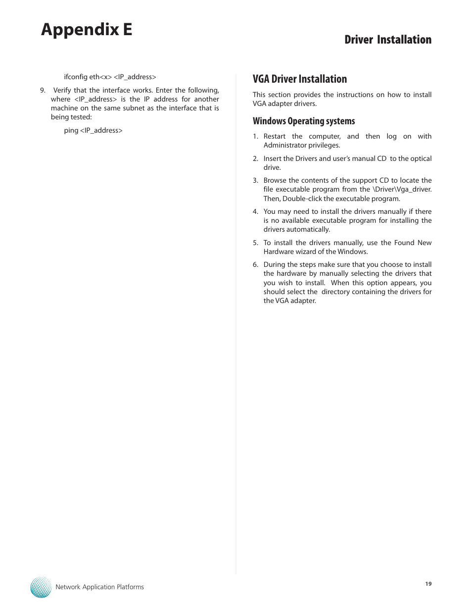 Vga driver installation, Windows operating systems, Appendix e | Driver installation | Lanner FW-8756 User Manual | Page 22 / 24