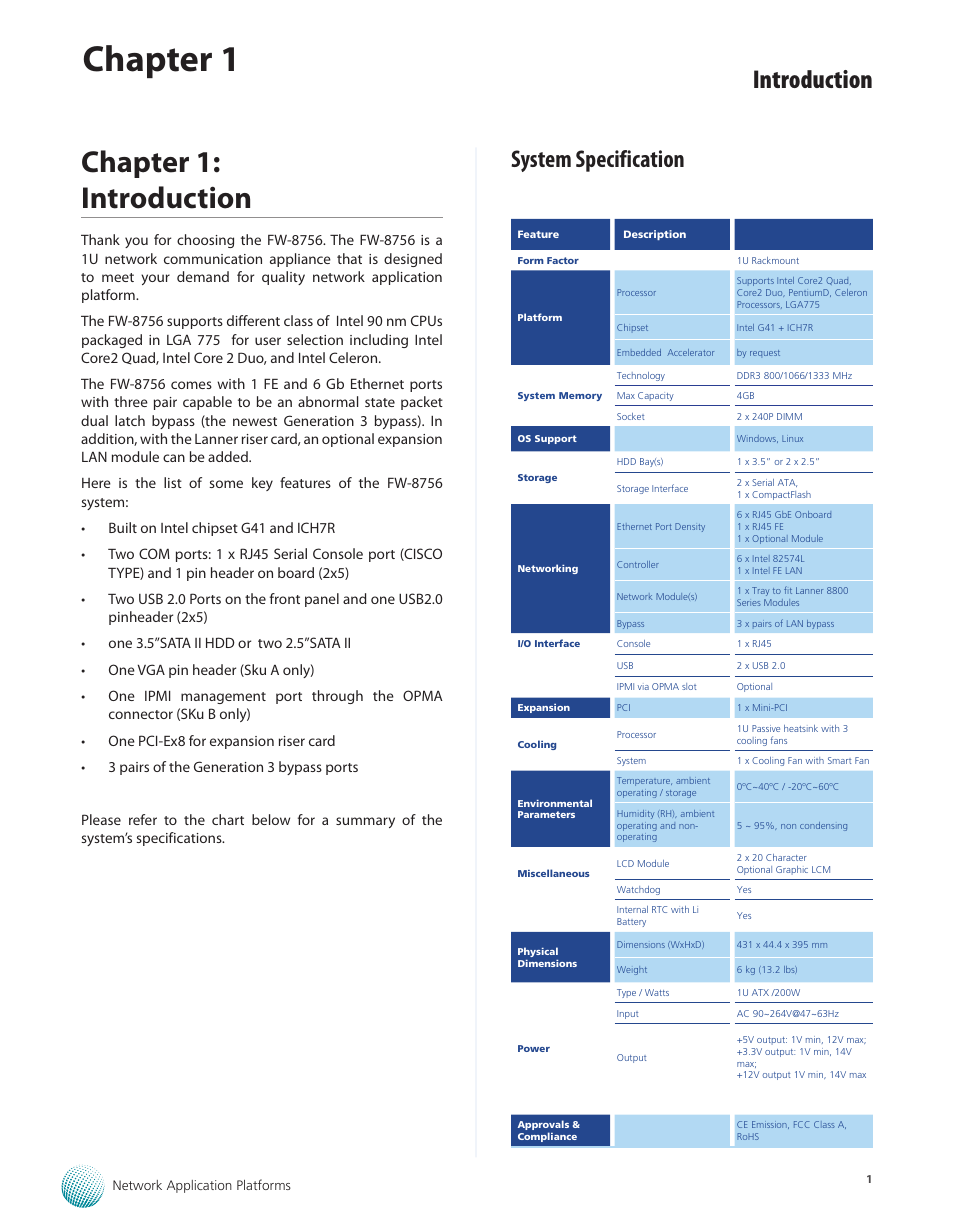 Chapter 1: introduction, System specification, Chapter 1 | Introduction | Lanner FW-8756 User Manual | Page 4 / 24