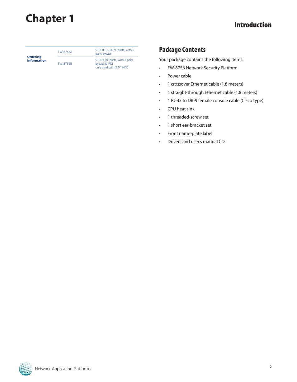Package contents, Chapter 1, Introduction | Lanner FW-8756 User Manual | Page 5 / 24