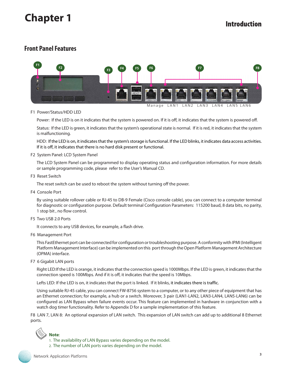 Front panel features, Chapter 1, Introduction | Lanner FW-8756 User Manual | Page 6 / 24