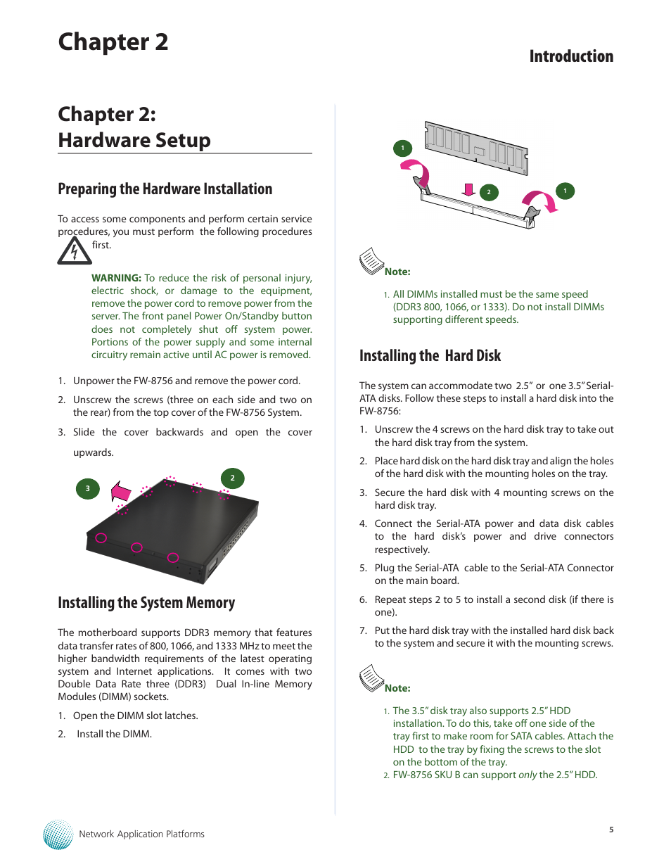 Chapter 2: hardware setup, Preparing the hardware installation, Installing the system memory | Installing the hard disk, Chapter 2, Introduction | Lanner FW-8756 User Manual | Page 8 / 24