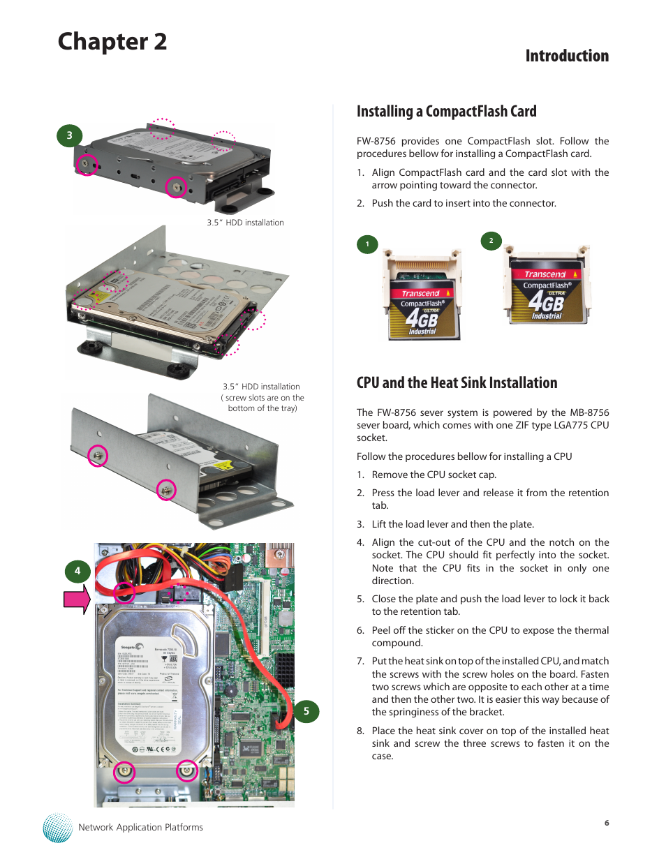 Installing a compactflash card, Cpu and the heat sink installation, Chapter 2 | Introduction | Lanner FW-8756 User Manual | Page 9 / 24