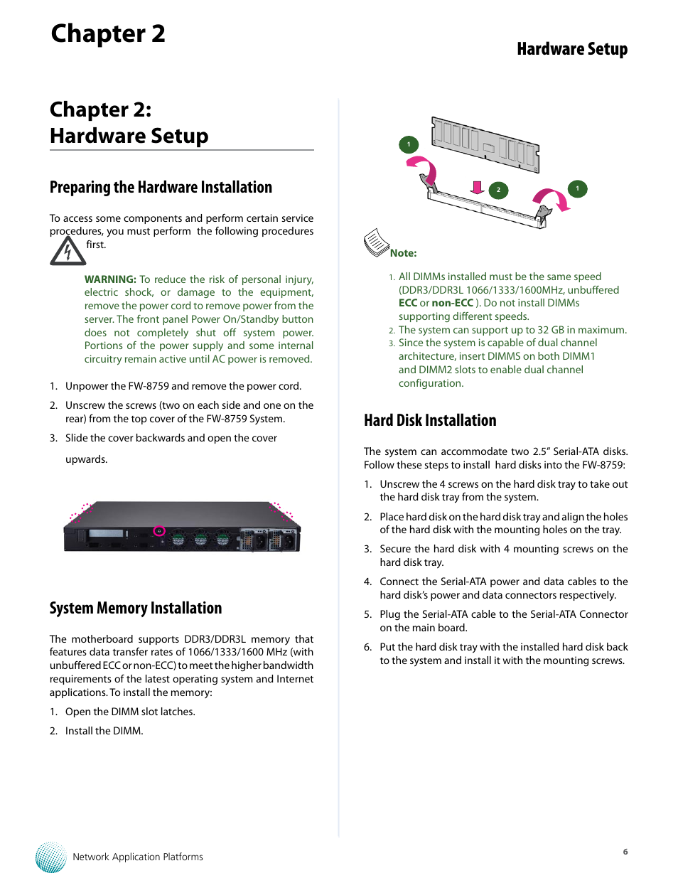 Chapter 2, Chapter 2: hardware setup, Hardware setup | Preparing the hardware installation, Hard disk installation | Lanner FW-8759 User Manual | Page 12 / 47