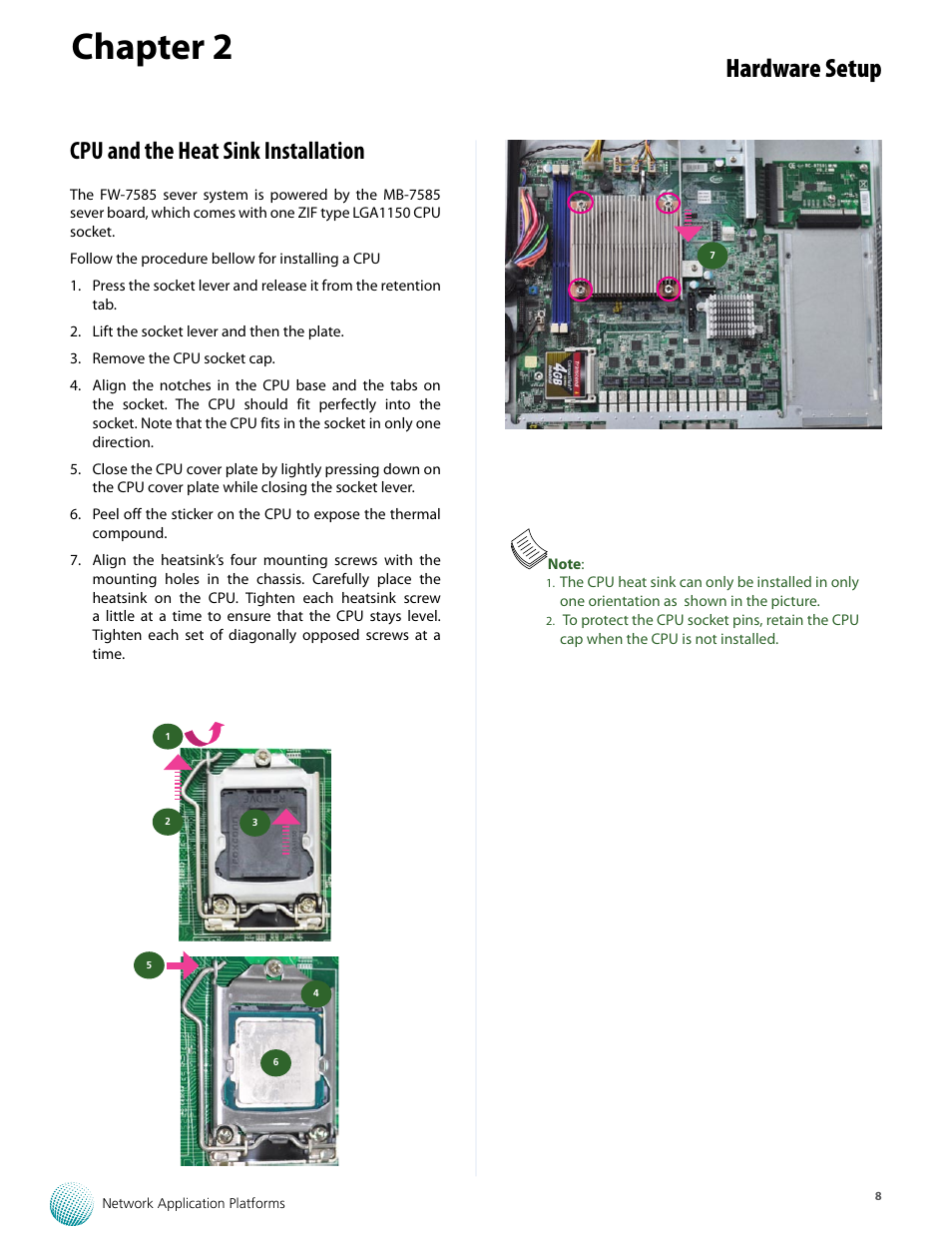 Chapter 2, Hardware setup, Cpu and the heat sink installation | Lanner FW-8759 User Manual | Page 14 / 47