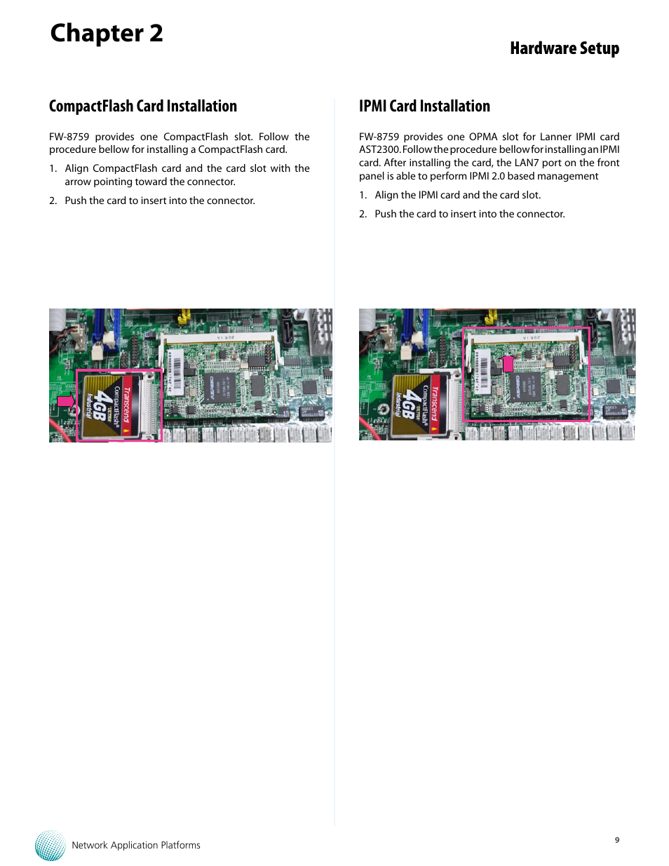 Chapter 2, Hardware setup, Compactflash card installation | Ipmi card installation | Lanner FW-8759 User Manual | Page 15 / 47