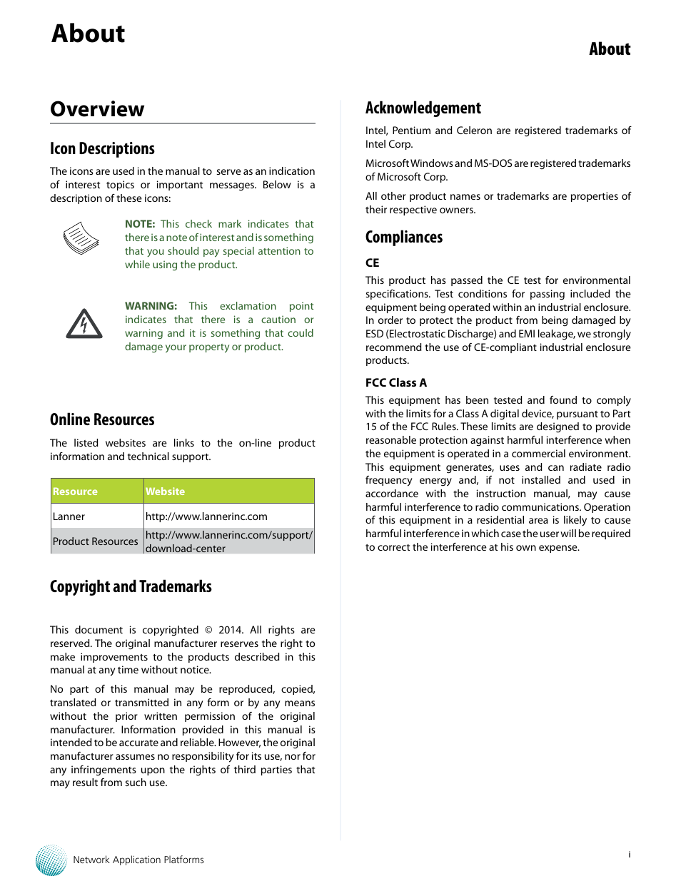 Overview, About, Icon descriptions | Online resources, Copyright and trademarks, Acknowledgement, Compliances | Lanner FW-8759 User Manual | Page 2 / 47