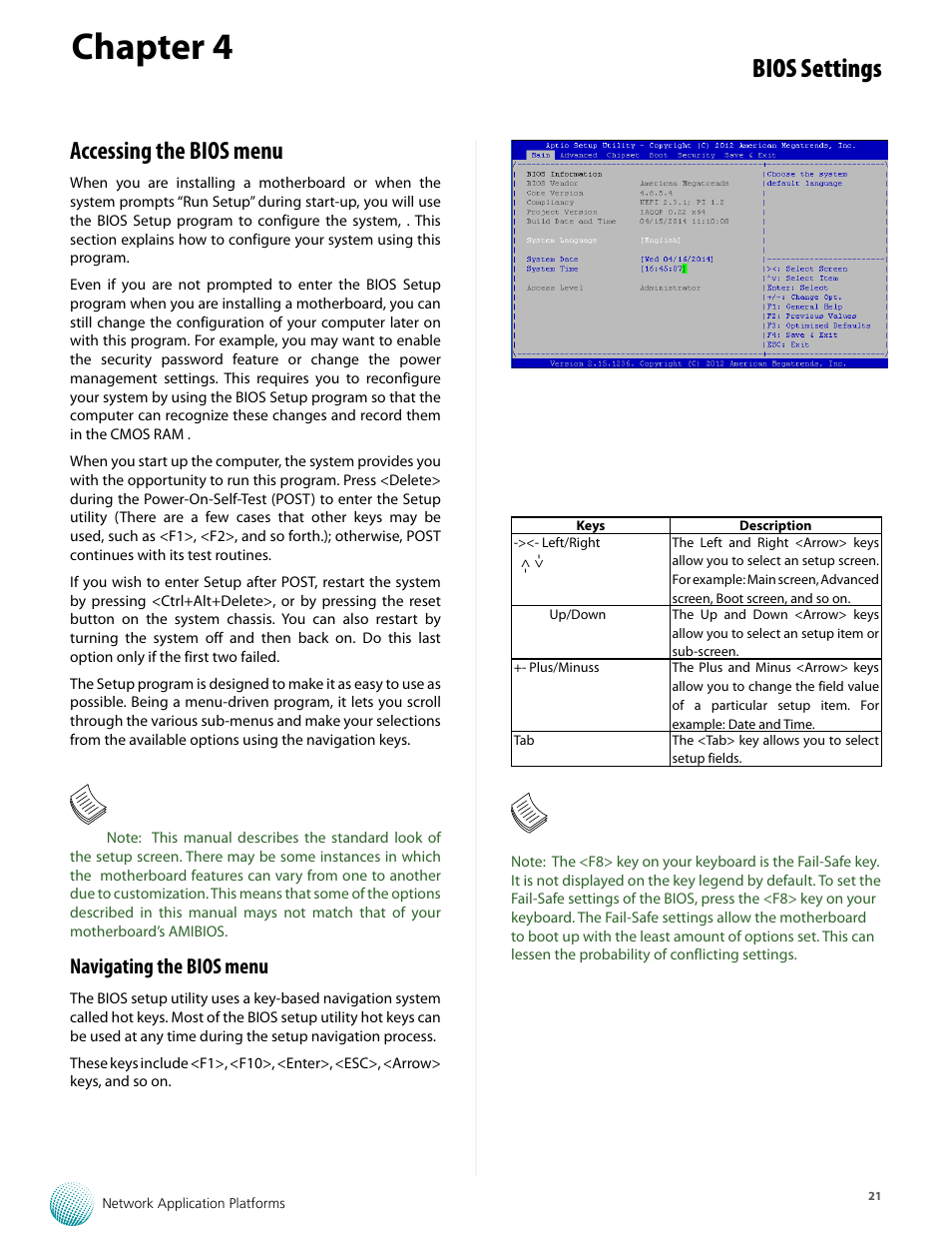 Chapter 4, Bios settings, Accessing the bios menu | Navigating the bios menu | Lanner FW-8759 User Manual | Page 27 / 47