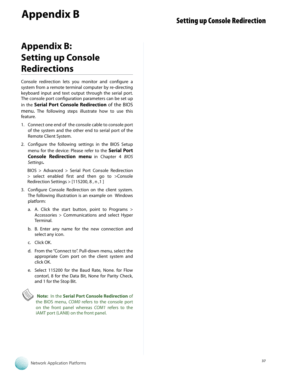 Appendix b, Appendix b: setting up console redirections, Setting up console redirection | Lanner FW-8759 User Manual | Page 43 / 47
