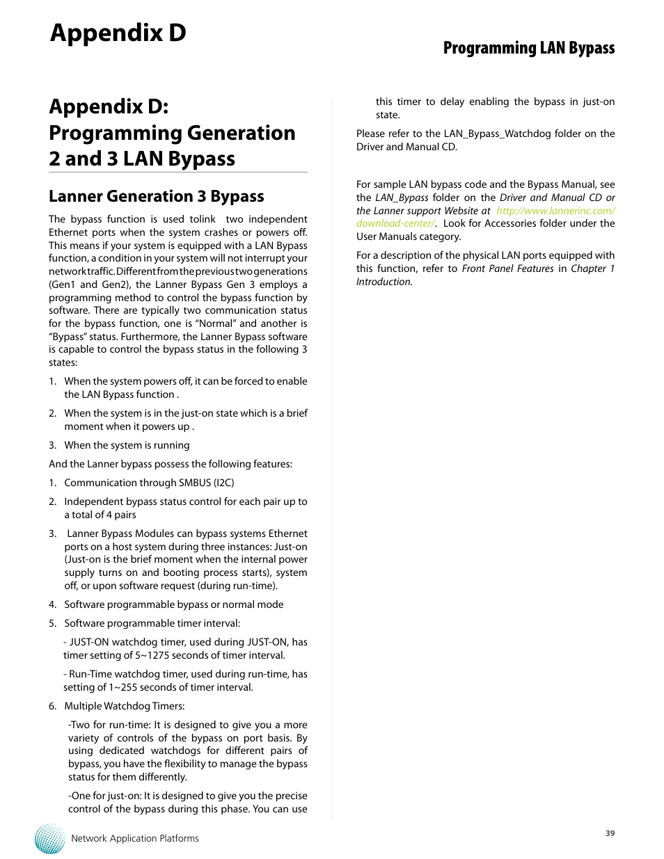 Appendix d, Programming lan bypass, Lanner generation 3 bypass | Lanner FW-8759 User Manual | Page 45 / 47