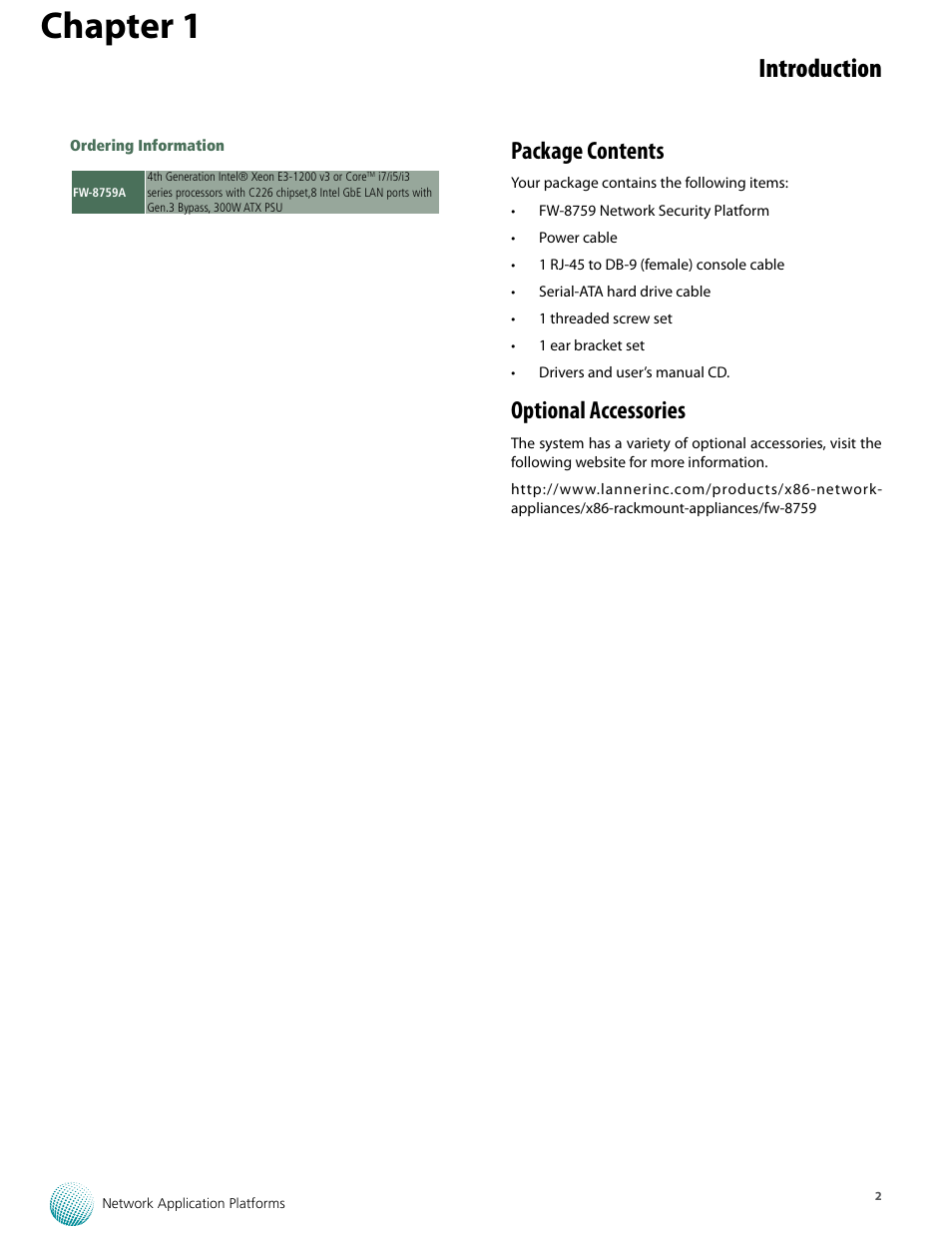 Chapter 1, Introduction, Package contents | Optional accessories | Lanner FW-8759 User Manual | Page 8 / 47