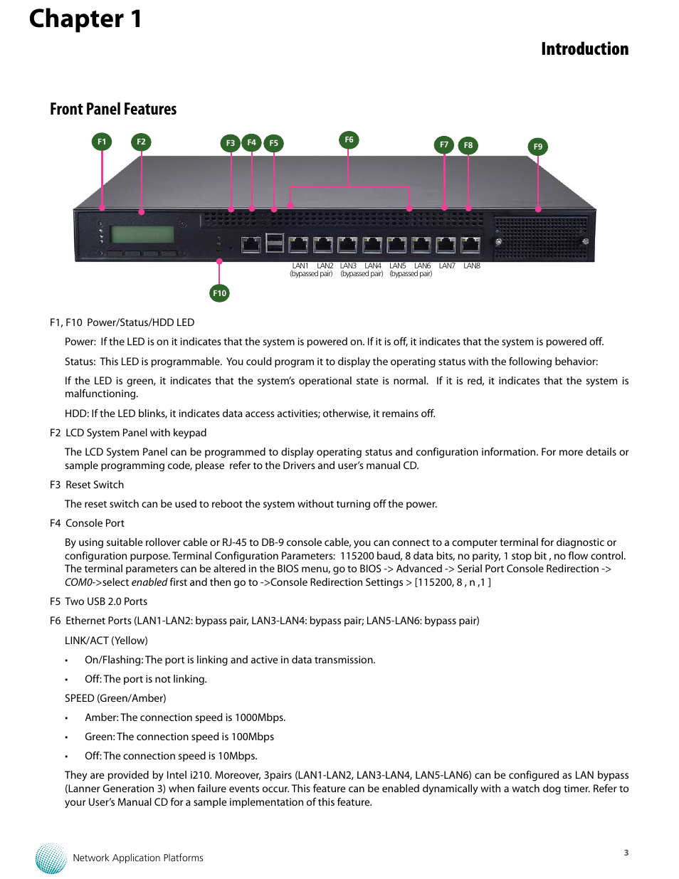 Chapter 1, Introduction, Front panel features | Lanner FW-8759 User Manual | Page 9 / 47