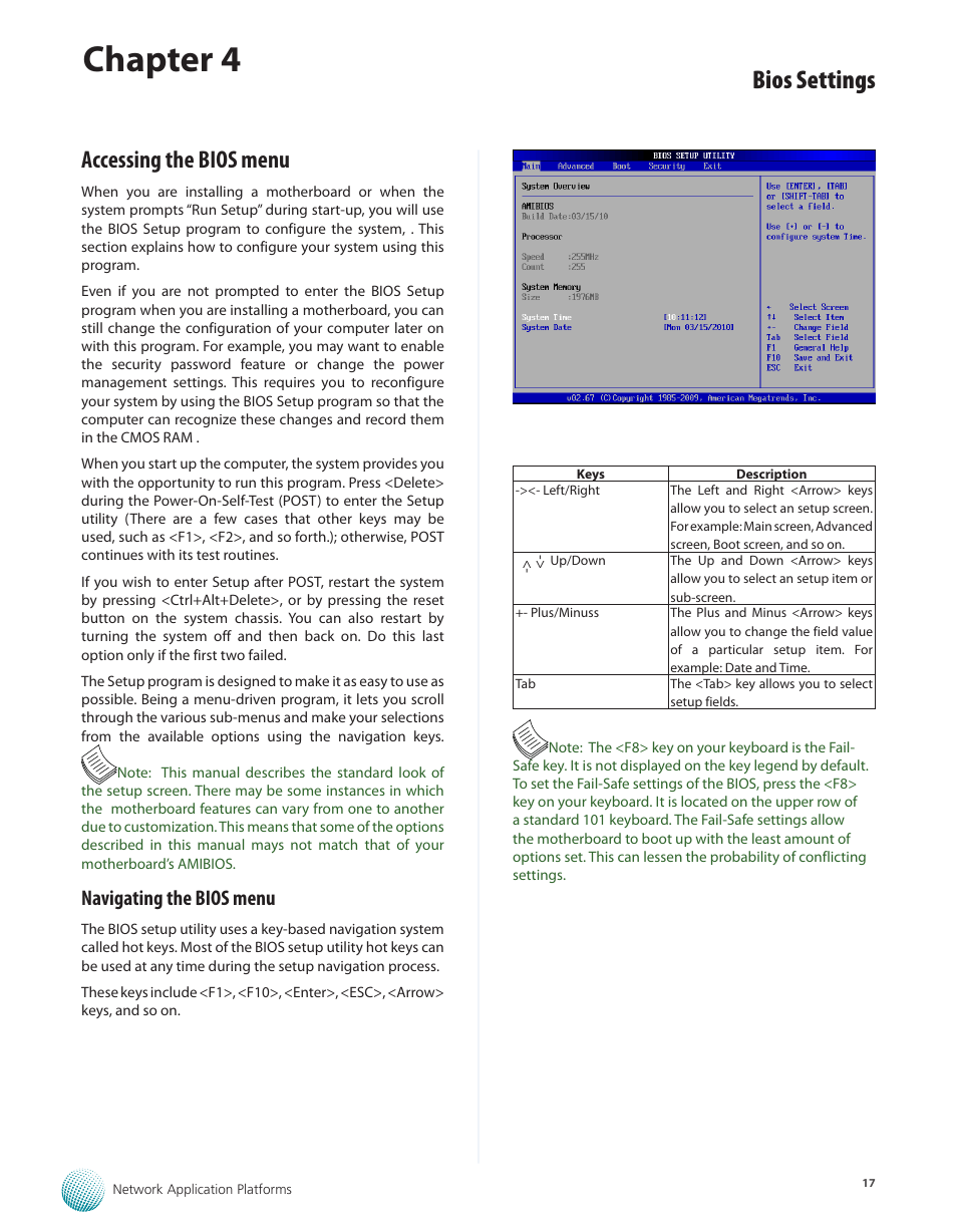 Accessing the bios menu, Navigating the bios menu, Chapter 4 | Bios settings | Lanner FW-8760 User Manual | Page 22 / 53