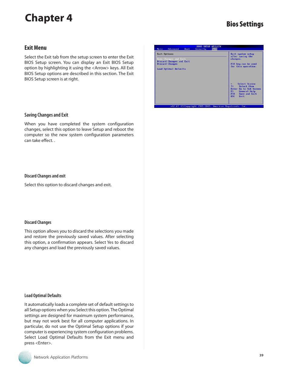 Exit menu, Chapter 4, Bios settings | Lanner FW-8760 User Manual | Page 44 / 53