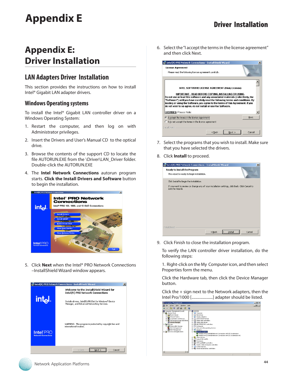 Appendix e: driver installation, Lan adapters driver installation, Windows operating systems | Appendix e, Driver installation | Lanner FW-8760 User Manual | Page 49 / 53