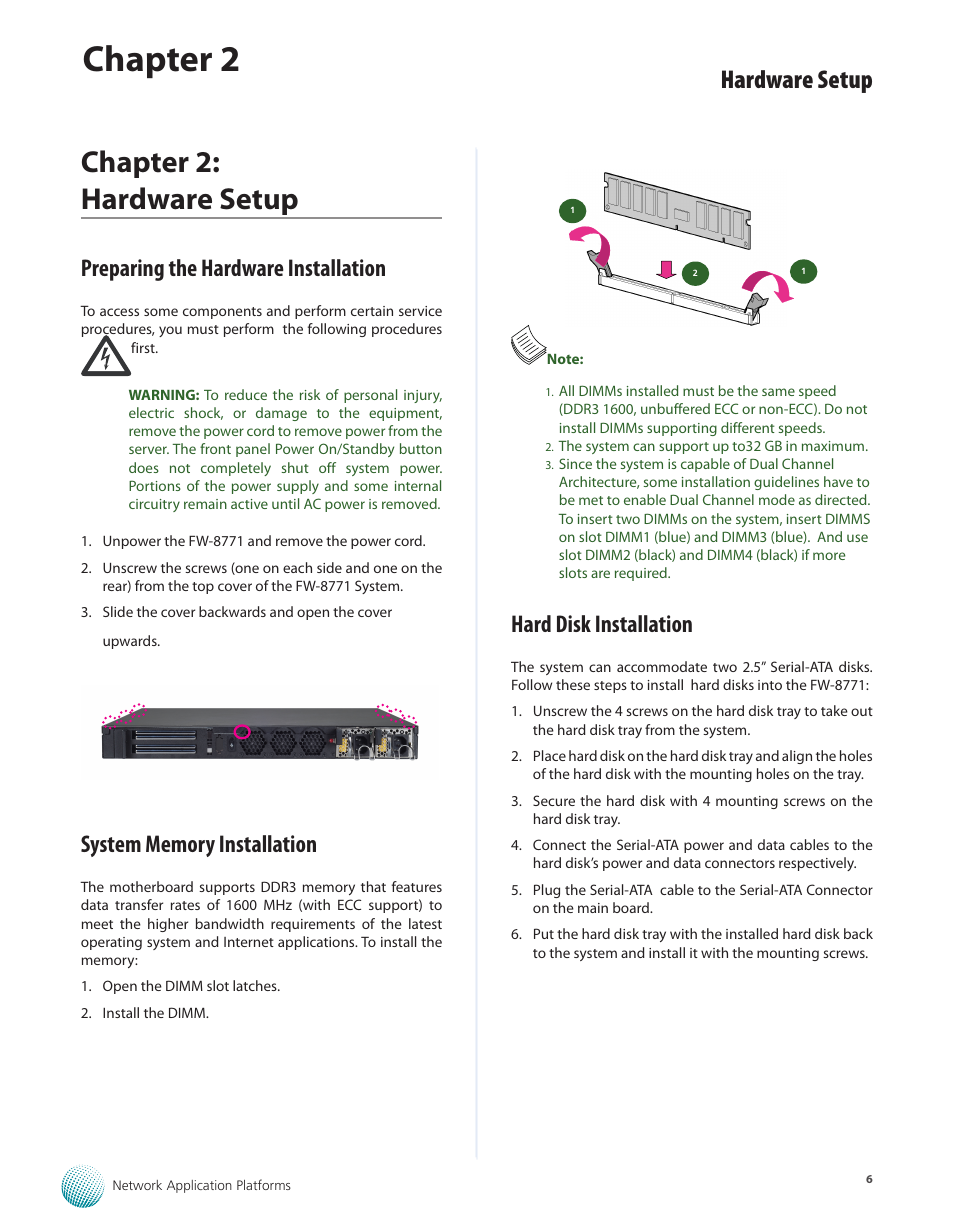 Chapter 2: hardware setup, Preparing the hardware installation, System memory installation | Hard disk installation, Chapter 2, Hardware setup | Lanner FW-8771 User Manual | Page 11 / 47