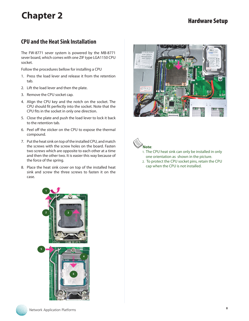 Cpu and the heat sink installation, Chapter 2, Hardware setup | Lanner FW-8771 User Manual | Page 13 / 47