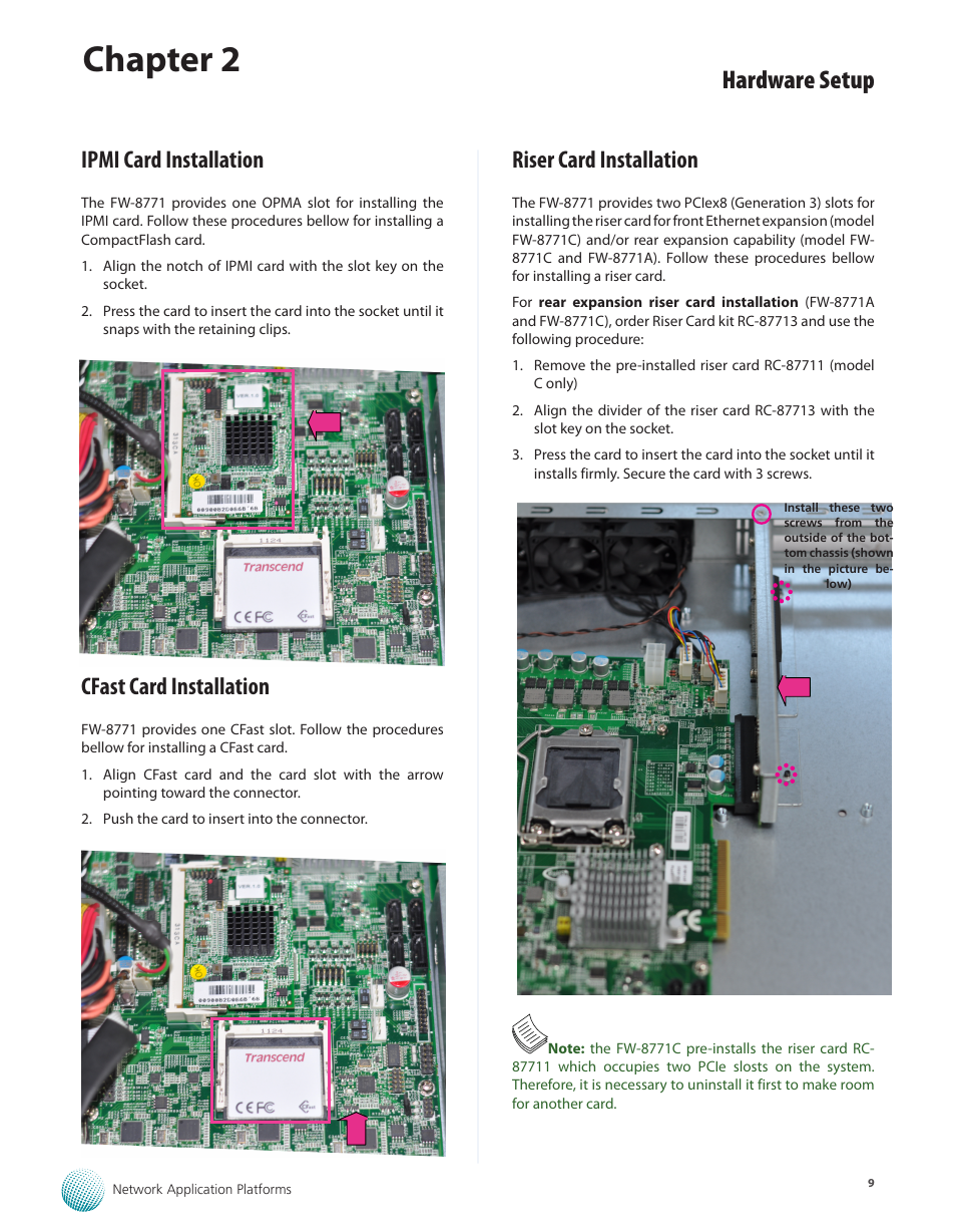 Ipmi card installation, Cfast card installation, Riser card installation | Chapter 2, Hardware setup | Lanner FW-8771 User Manual | Page 14 / 47