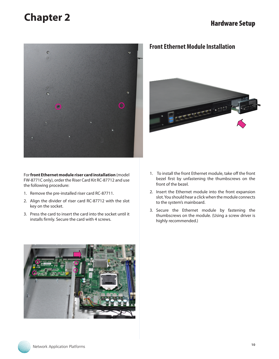 Front ethernet module installation, Chapter 2, Hardware setup | Lanner FW-8771 User Manual | Page 15 / 47