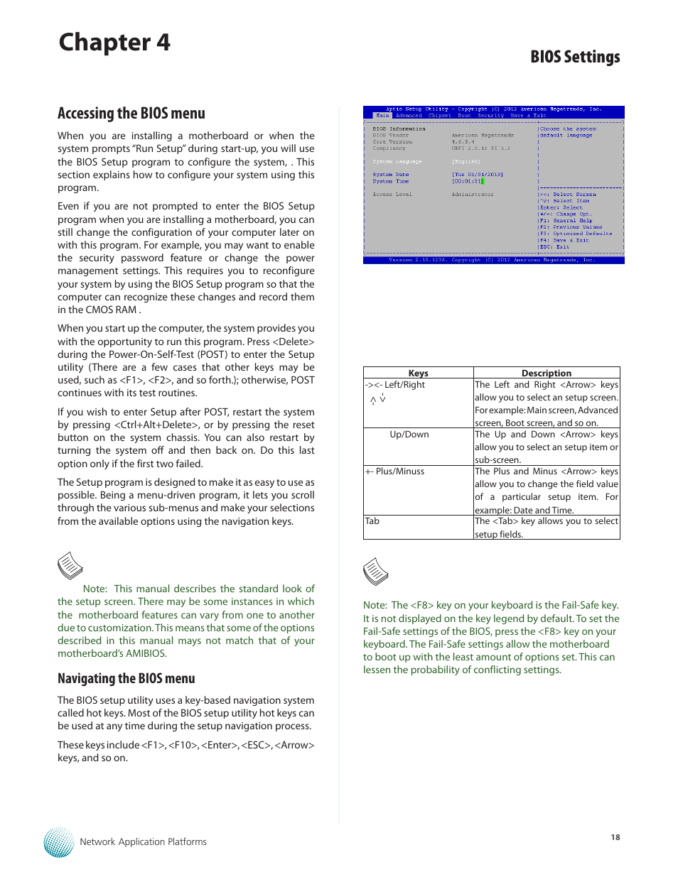 Accessing the bios menu, Navigating the bios menu, Chapter 4 | Bios settings | Lanner FW-8771 User Manual | Page 23 / 47