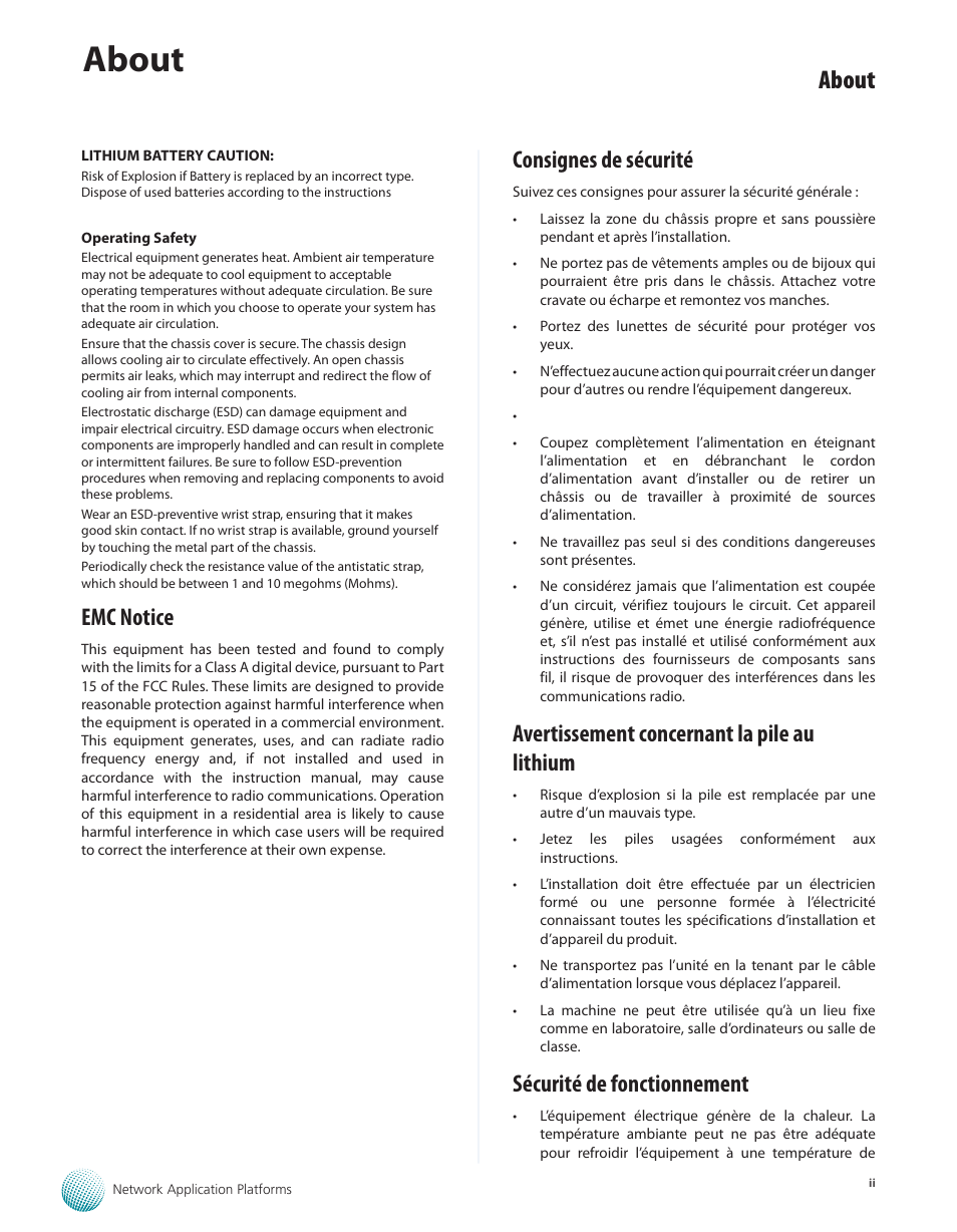 About, Emc notice, Consignes de sécurité | Avertissement concernant la pile au lithium, Sécurité de fonctionnement | Lanner FW-8771 User Manual | Page 3 / 47