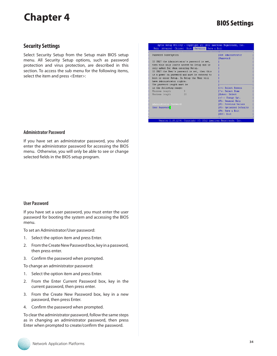 Security settings, Chapter 4, Bios settings | Lanner FW-8771 User Manual | Page 39 / 47