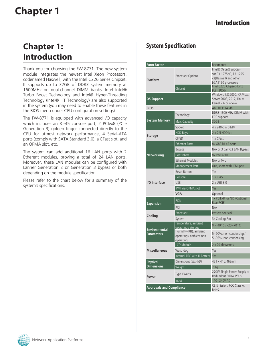 Chapter 1: introduction, System specification, Chapter 1 | Introduction | Lanner FW-8771 User Manual | Page 6 / 47