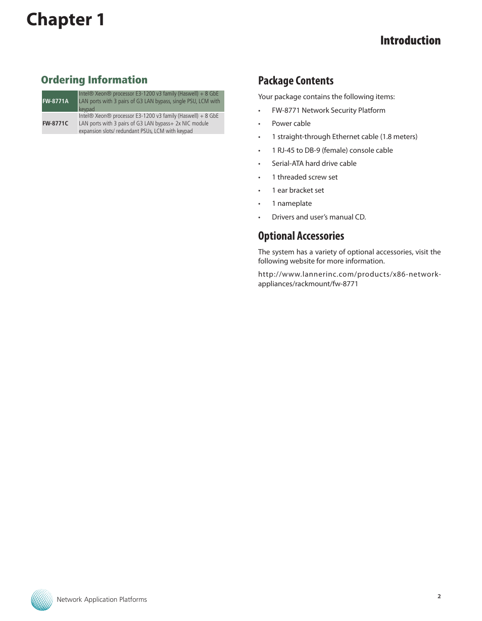 Package contents, Optional accessories, Package contents optional accessories | Chapter 1, Introduction, Ordering information | Lanner FW-8771 User Manual | Page 7 / 47