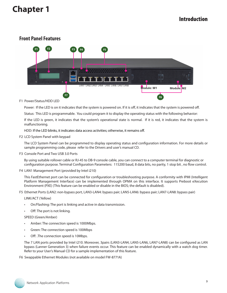 Front panel features, Chapter 1, Introduction | Lanner FW-8771 User Manual | Page 8 / 47